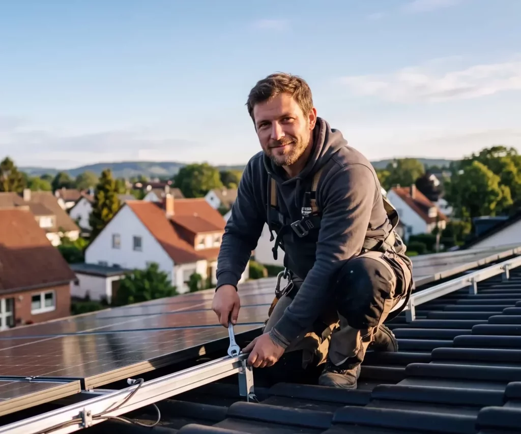 Ein Dachmonteur kniet auf einem Dach. Er hält ein Werkzeug in der Hand und montiert ein Solarmodul. Im Hintergrund ist eine deutsche Kleinstadt zu sehen.